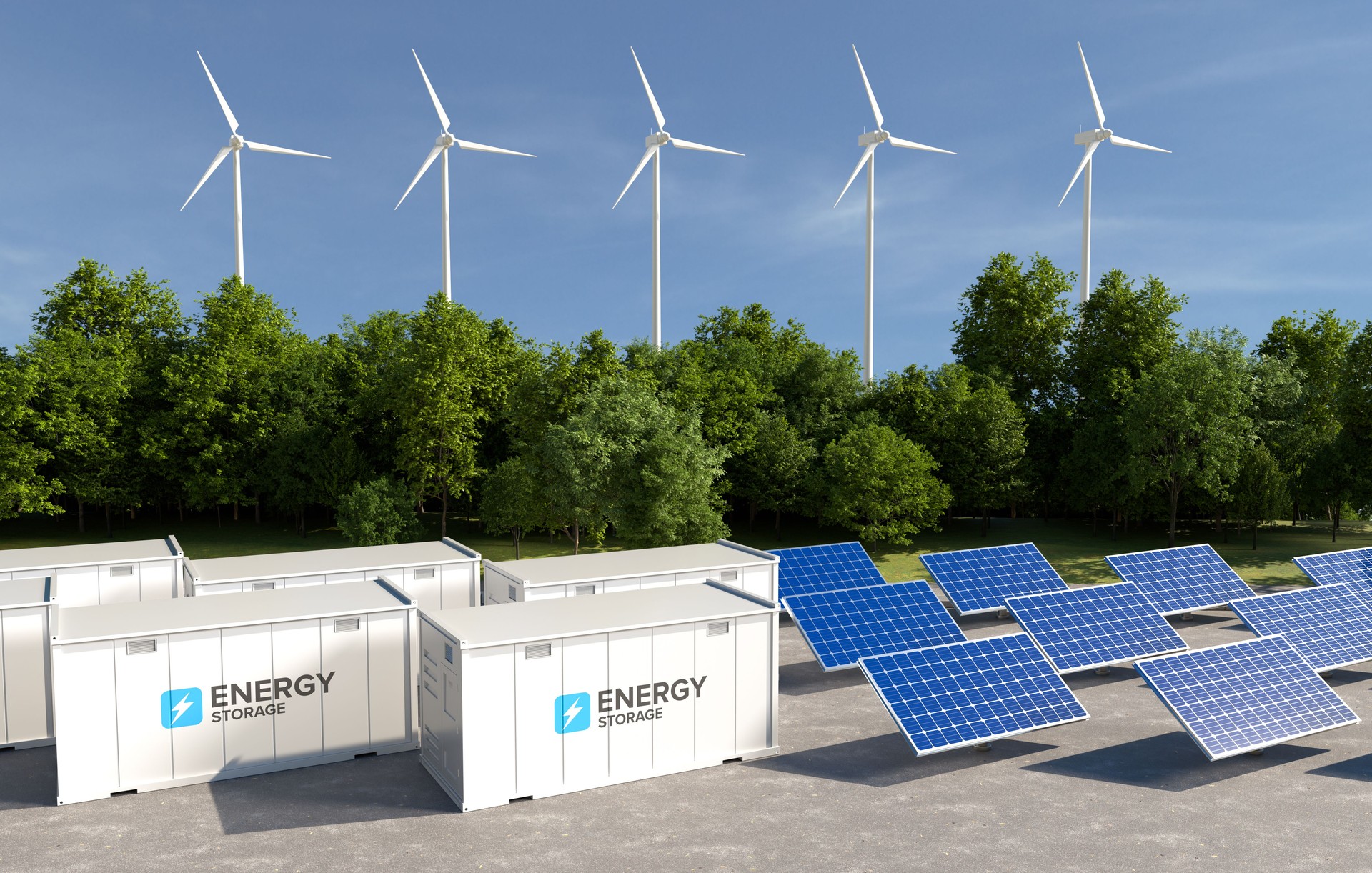 Energy storage systems with wind turbines and solar farms, Green alternative energy, Net zero emissions concept